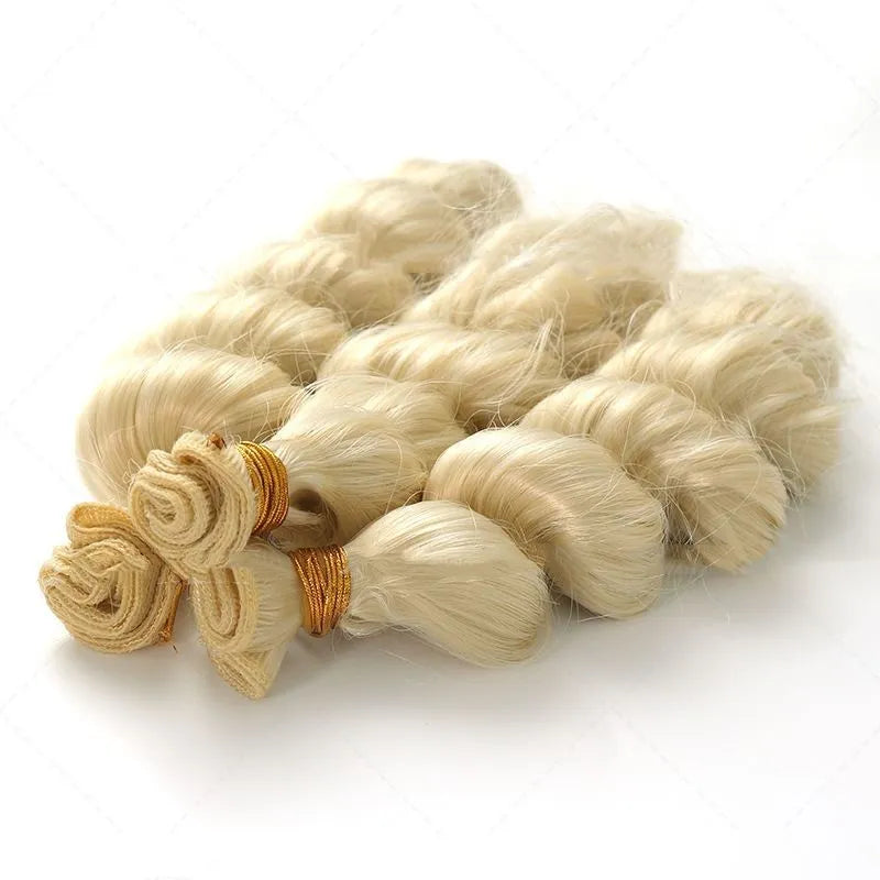 Golden synthetic hair weft wig in three lengths: 18in, 20in, and 22in