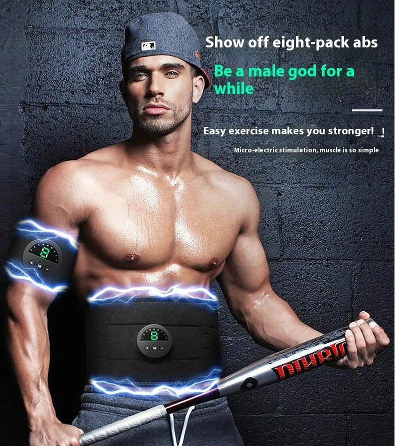 Display screen style electronic fitness belt for waist shaping, shown with USB cable.