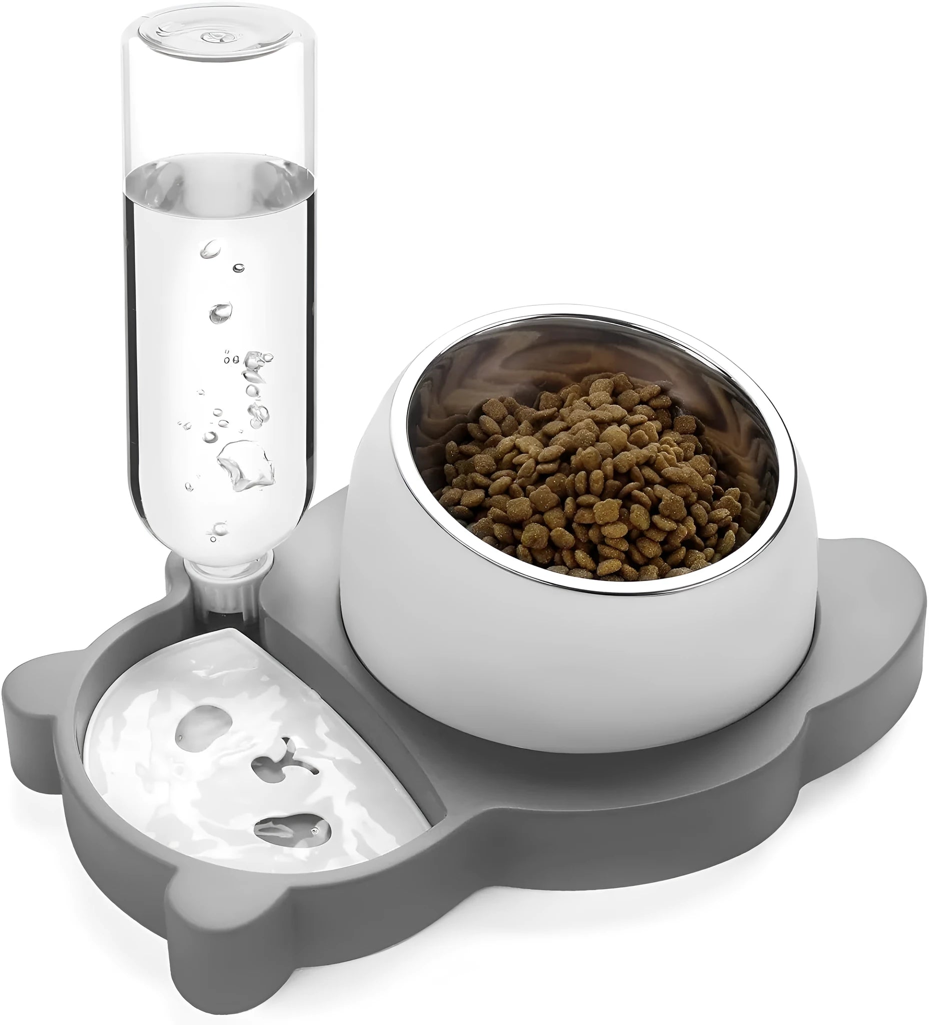 Raised cat bowl set with automatic water dispenser bottle in panda design