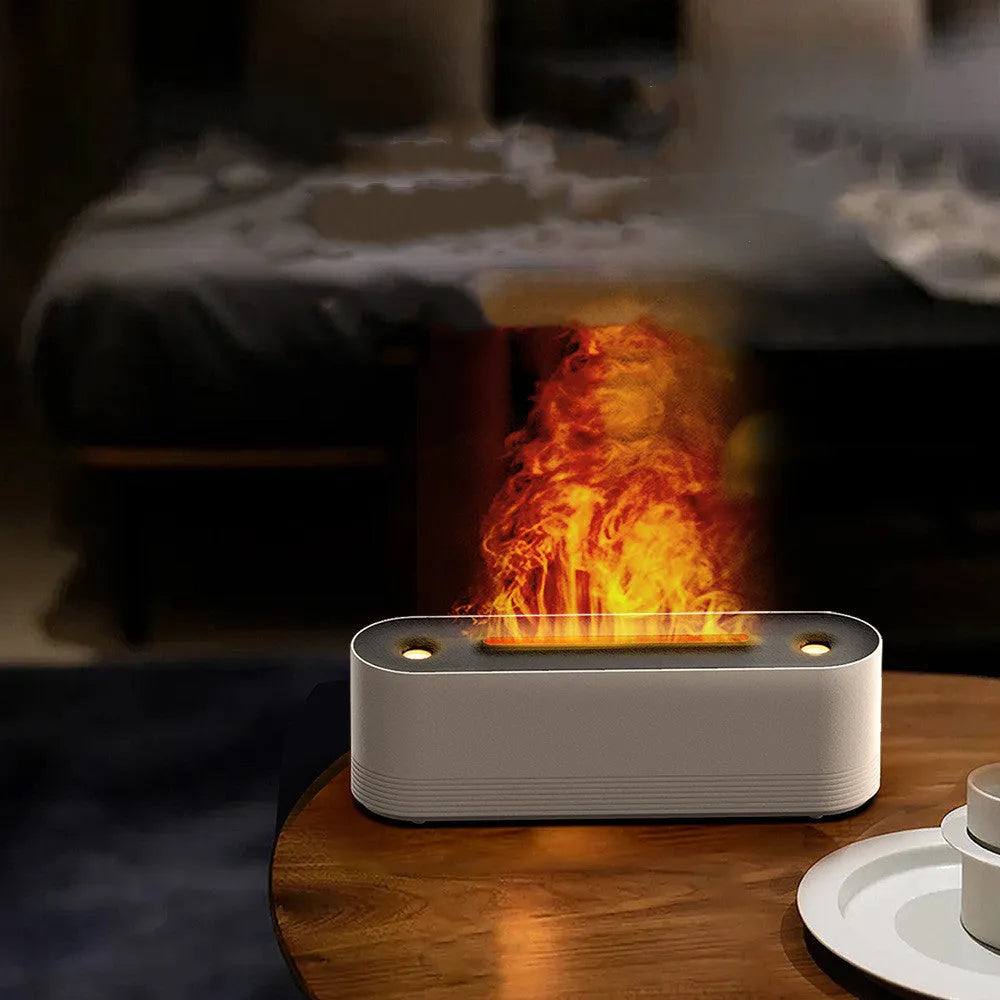 Flame Air ultrasonic humidifier and aroma diffuser with LED lights in black plastic housing