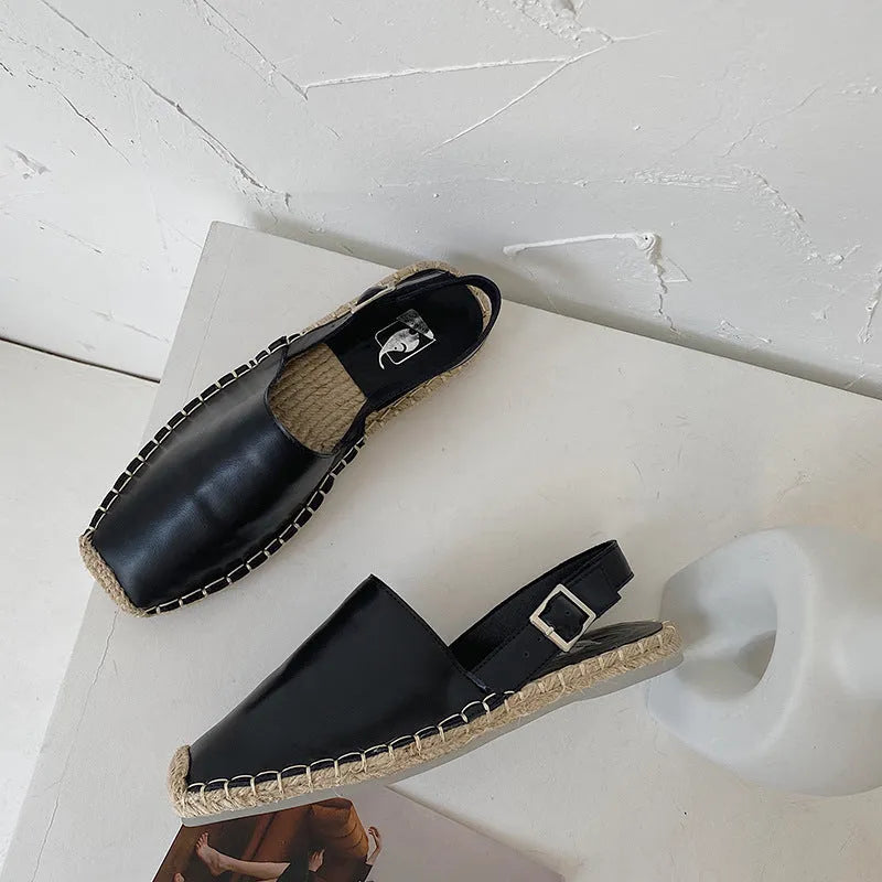 Women's retro fisherman-style flat sandals in canvas and soft leather, shown in yellow with an animal print pattern.