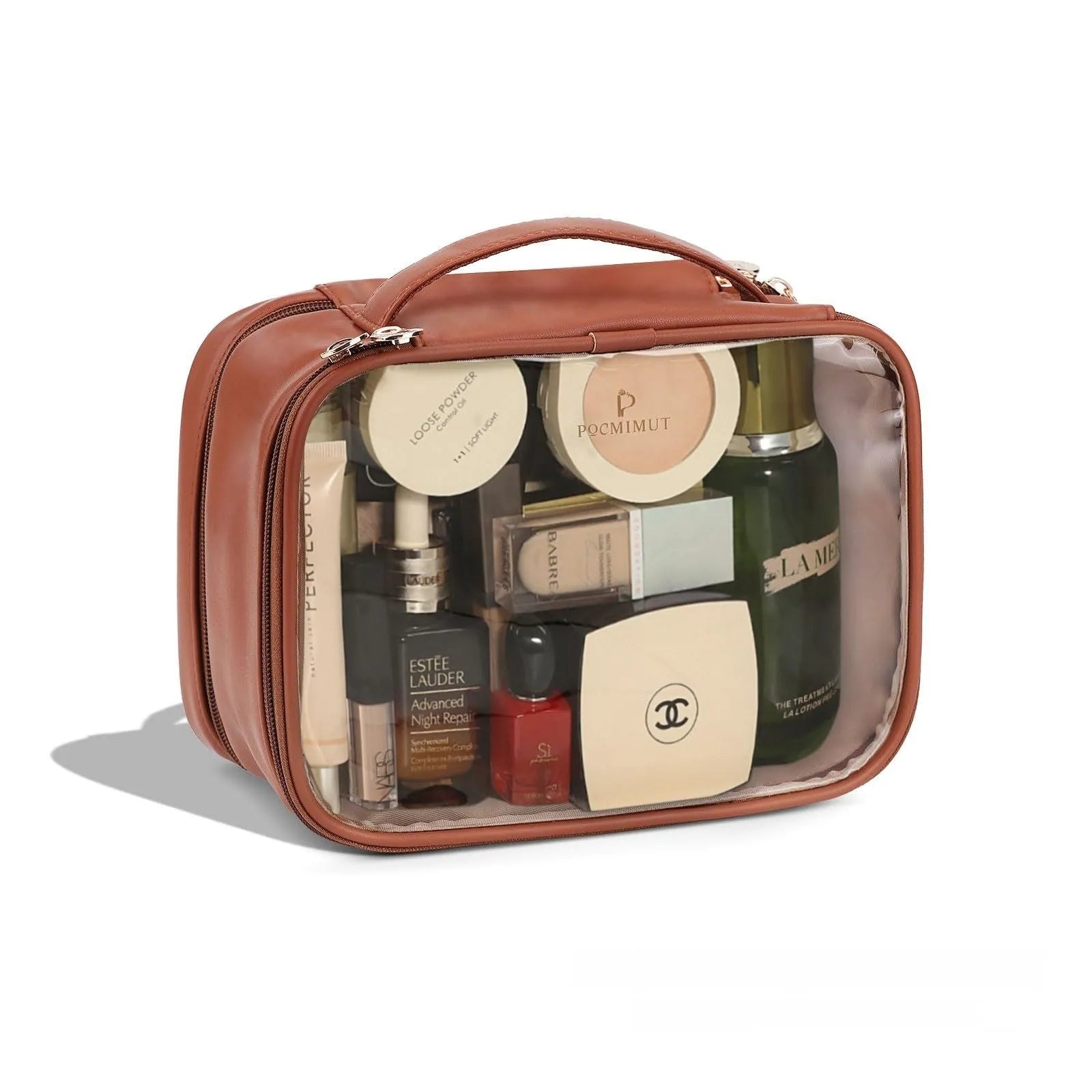 Transparent PVC cosmetic bag in pink portable style with waterproof and expandable storage features