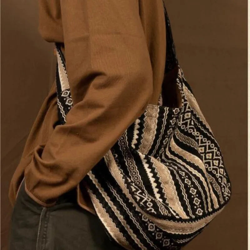 Retro striped cotton corduroy messenger bag with adjustable plaid strap and front zipper