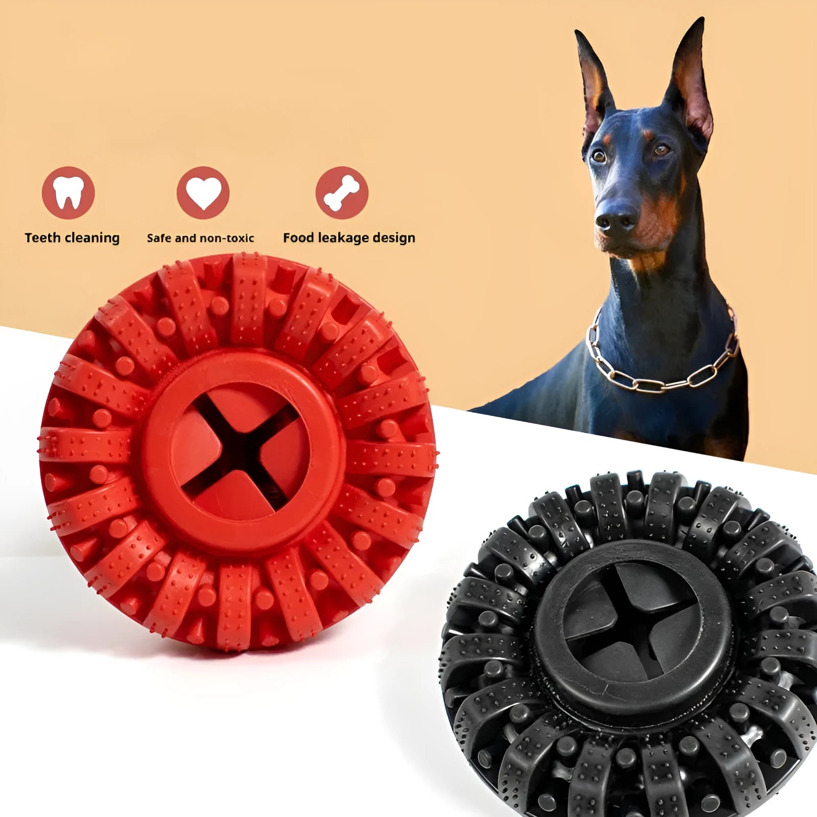 Black and red TPR dog food leakage tyre toy on surface, 14x5cm size