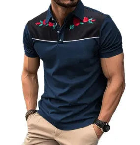 Men's blue short sleeve polo shirt with zipper decoration detail on the chest
