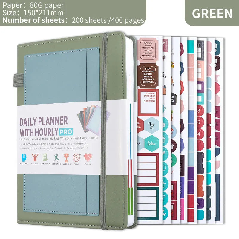 A5 notebook with PU cover, open to show no-date strap and thread binding, with planning stickers.