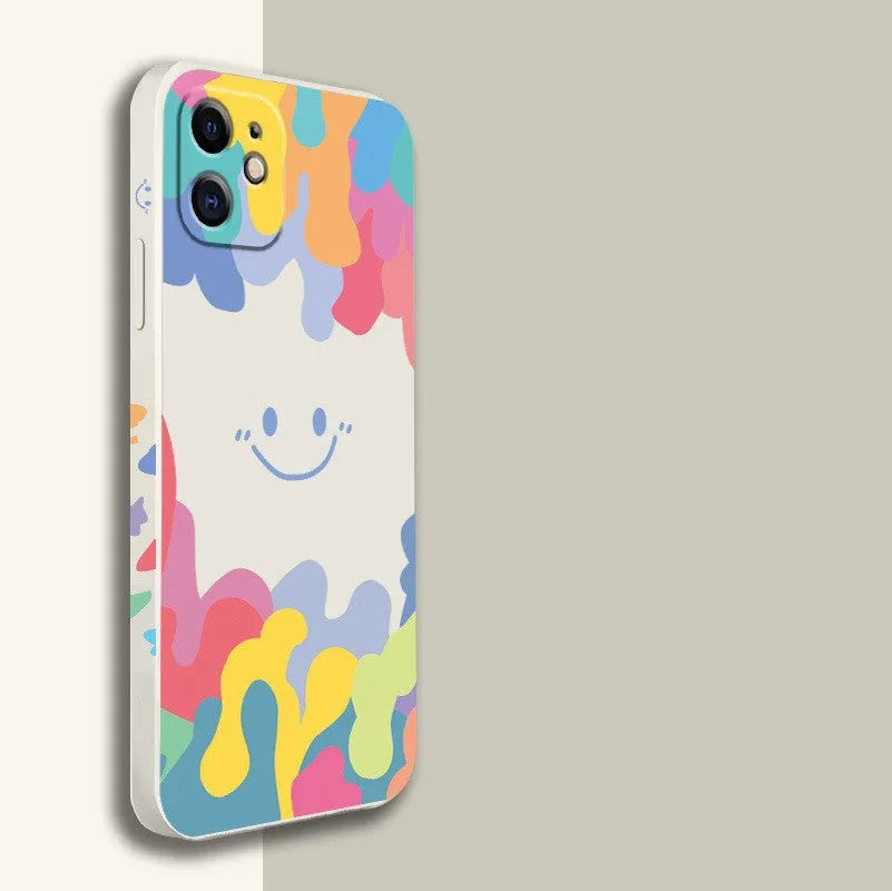 Rainbow smiley face TPU silicone phone case with lanyard for iPhone 12 13 14 series, white variant