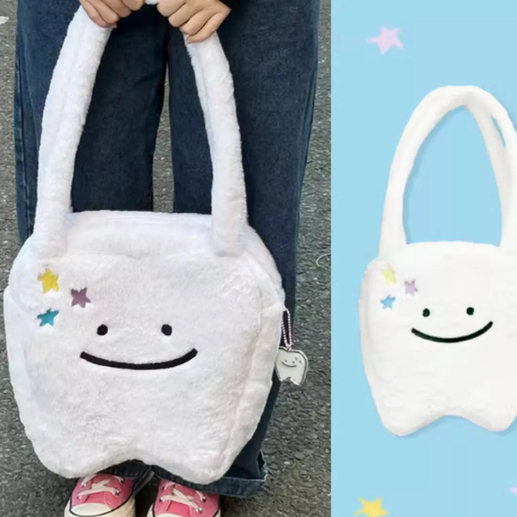White plush shoulder tote bag with cute teeth pattern decoration and crossbody strap