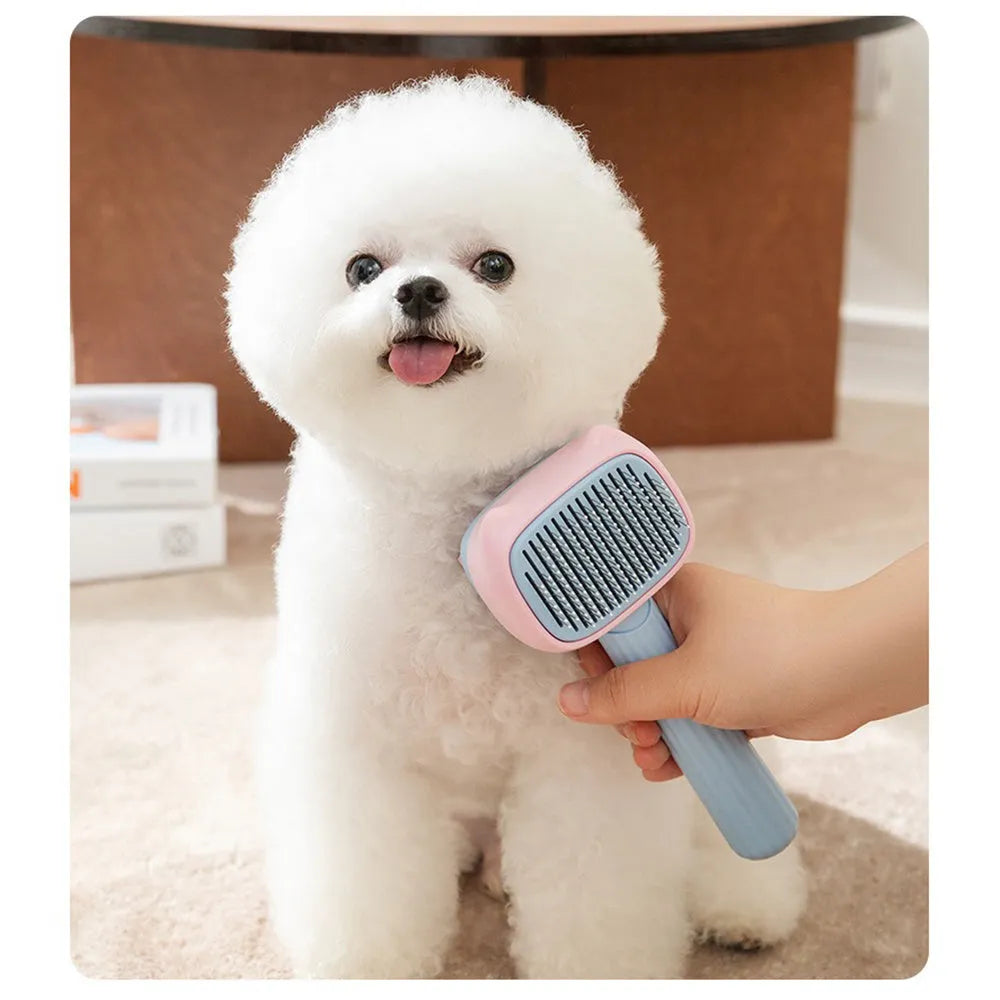 Blue double-sided pet grooming brush with deshedding rake and dematting comb on a white background.