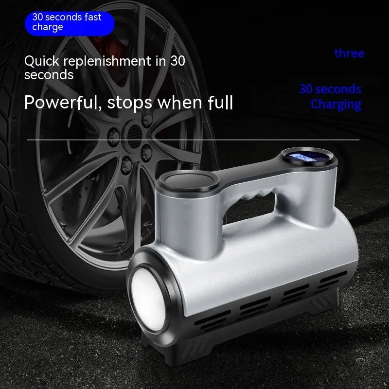 12V portable car inflatable air pump with digital display, ABS casing, LED light, and three air nozzles on a grey background