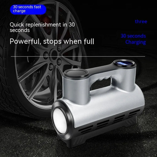 12V portable car inflatable air pump with digital display, ABS casing, LED light, and three air nozzles on a grey background