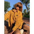 Dopamine yellow plaid shirt in loose cardigan style with polyester fabric