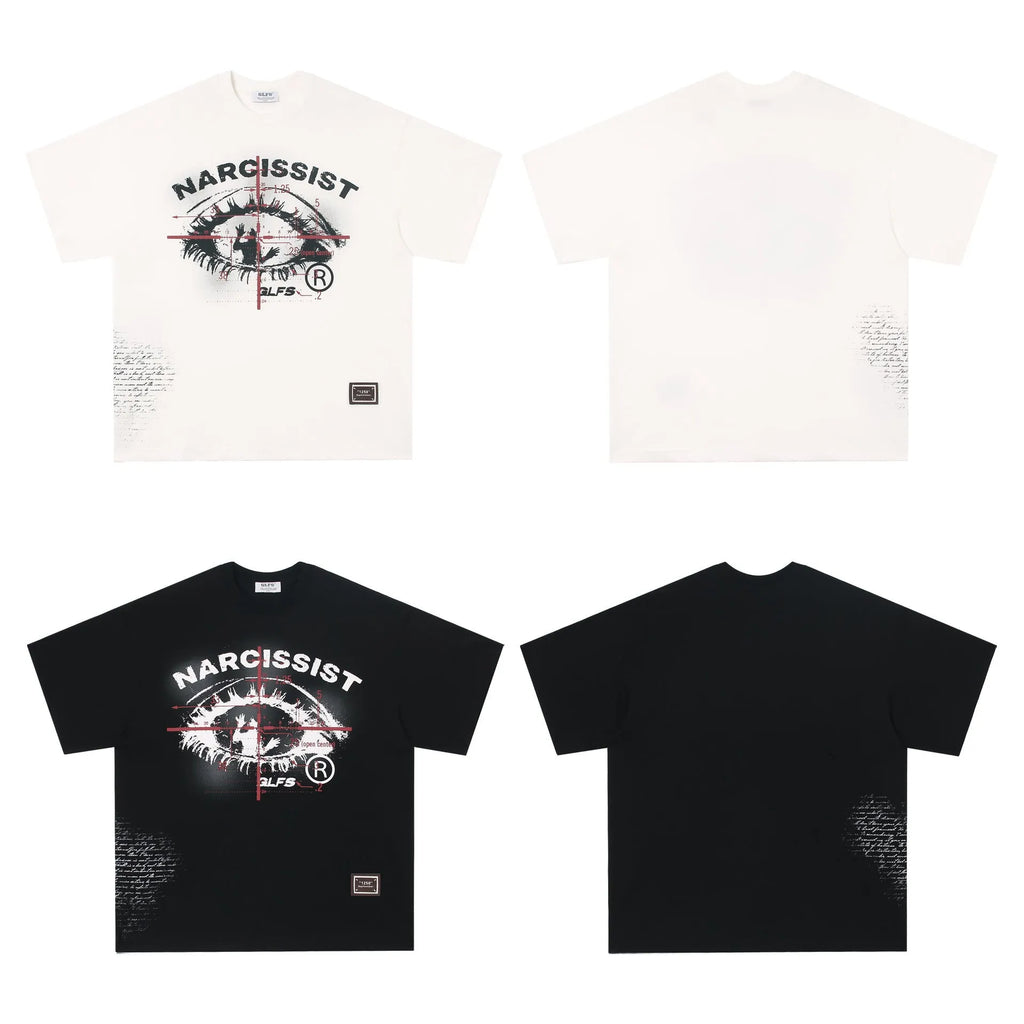 American Retro Hip Hop Gothic cotton T-shirt in black and white colours with letter pattern