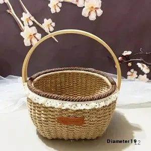 Hand-woven rustic straw basket in coffee brown colour, measuring 19cm by 12cm.