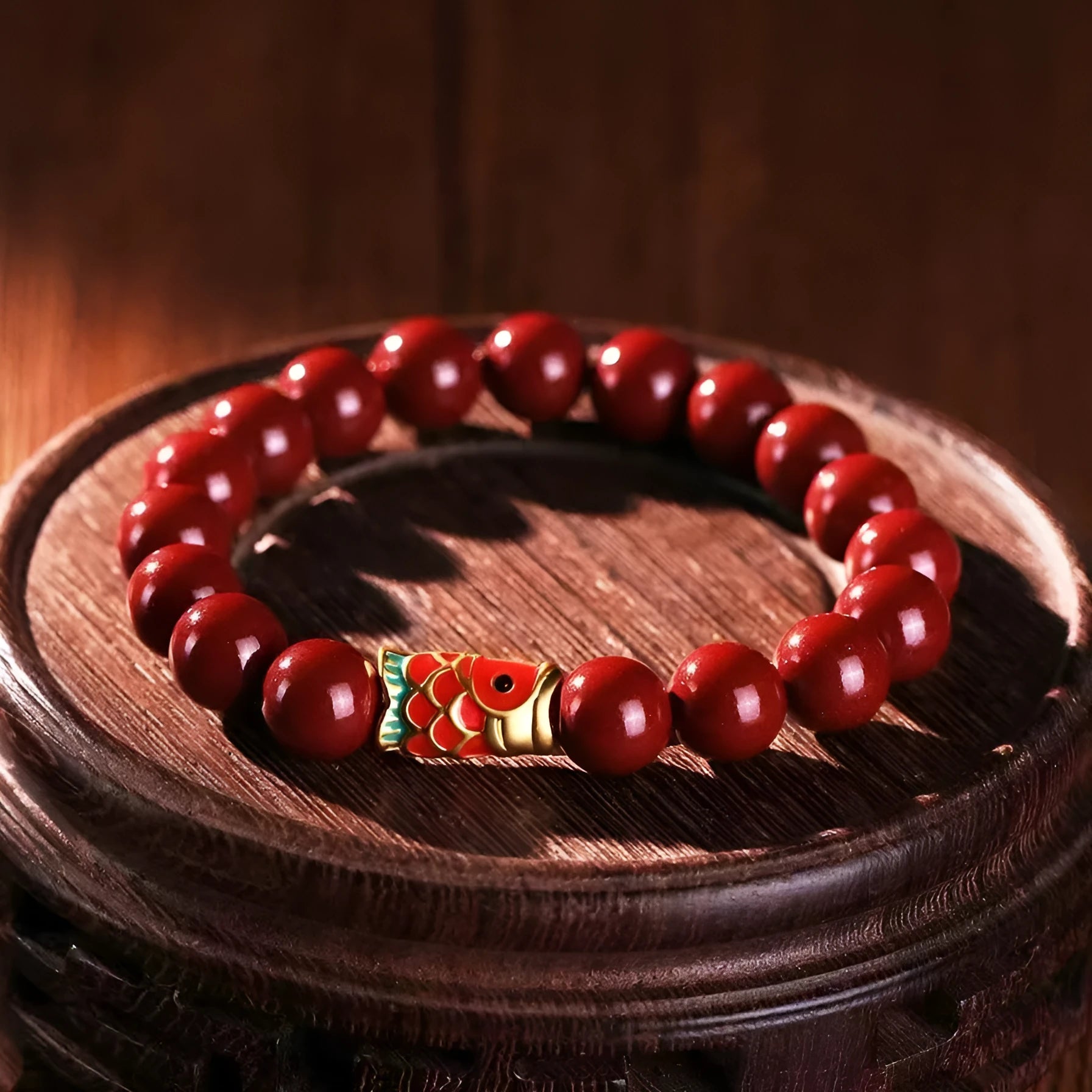 Natural raw ore cinnabar koi bracelet with gold ball model, available in 4mm or 6mm beads, national style.