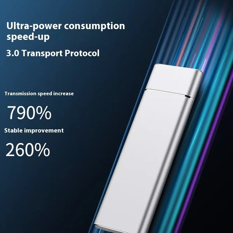 Sapphire blue portable external solid state hard drive with metal shell, shown next to its USB cable.