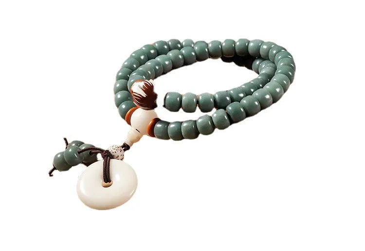 Bodhi seed and green sandalwood unisex bracelet with double ring safety buckle