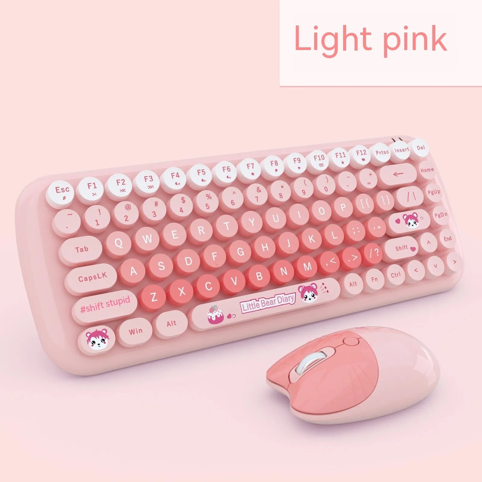 Pink mini wireless keyboard and mouse set with cartoon design on 43.5 cm compact keyboard