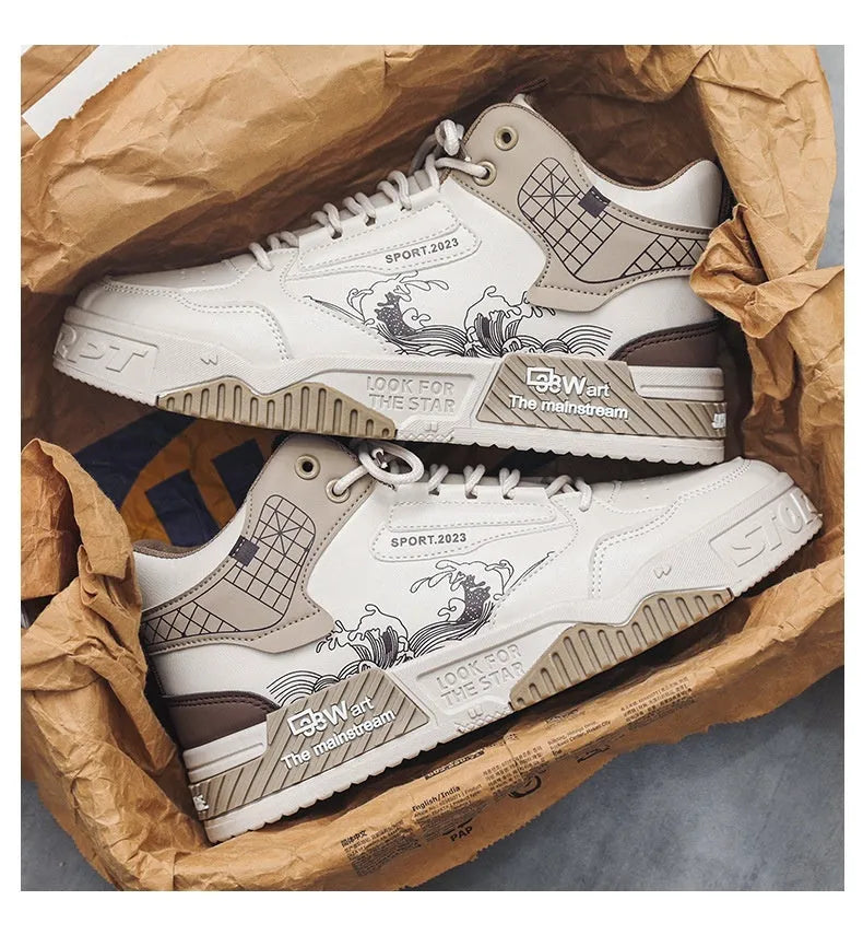 Men's beige and white high-top board shoes with a lace-up front and rubber sole.