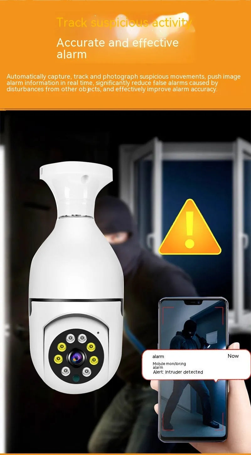 Wireless bulb security camera with compact 5cm by 12cm size and dual-band connectivity for indoor outdoor use