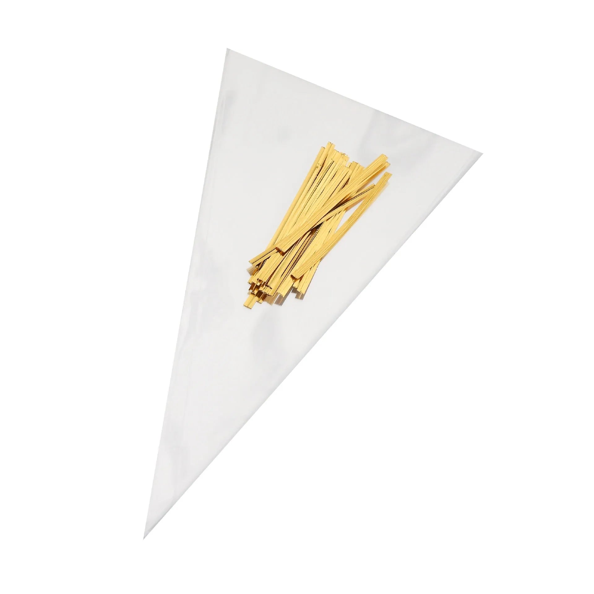 Clear triangle-shaped plastic packaging bag with a metallic twist tie at the top.