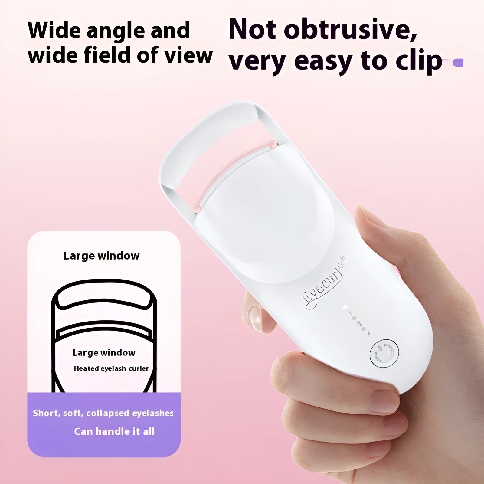 Electric eyelash curler with USB charging cable in cream white colour showing curling mechanism