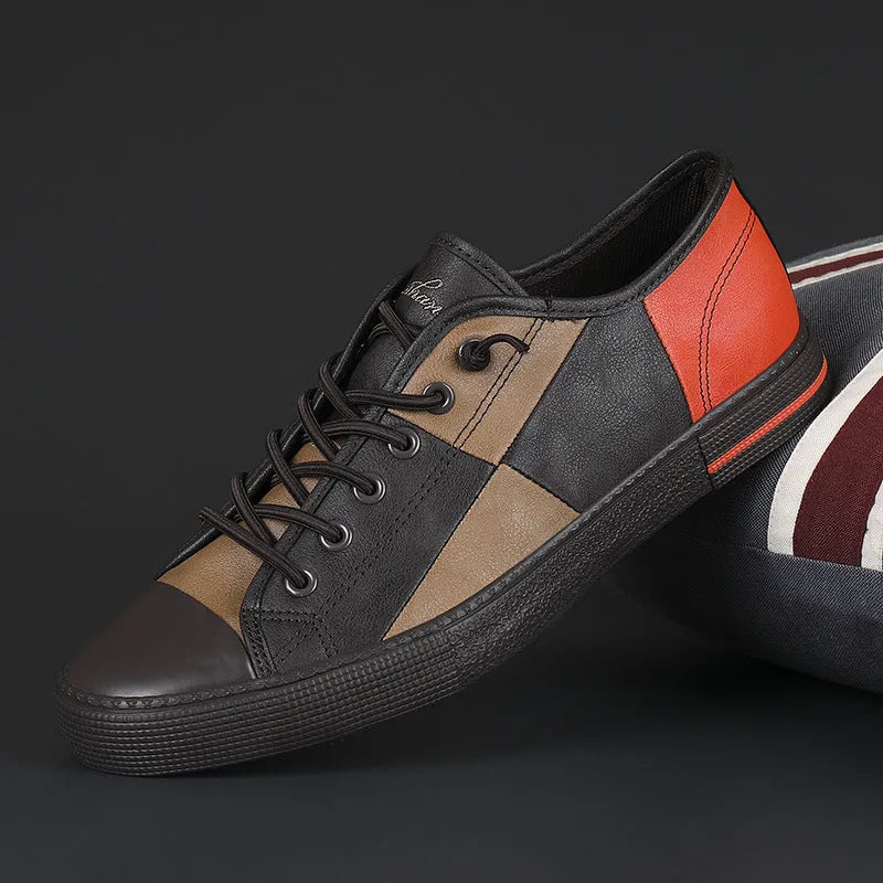 Men's colour-contrast microfiber leather pumps with rubber vulcanised sole, flat heel, round toe, shown in black and white colour option