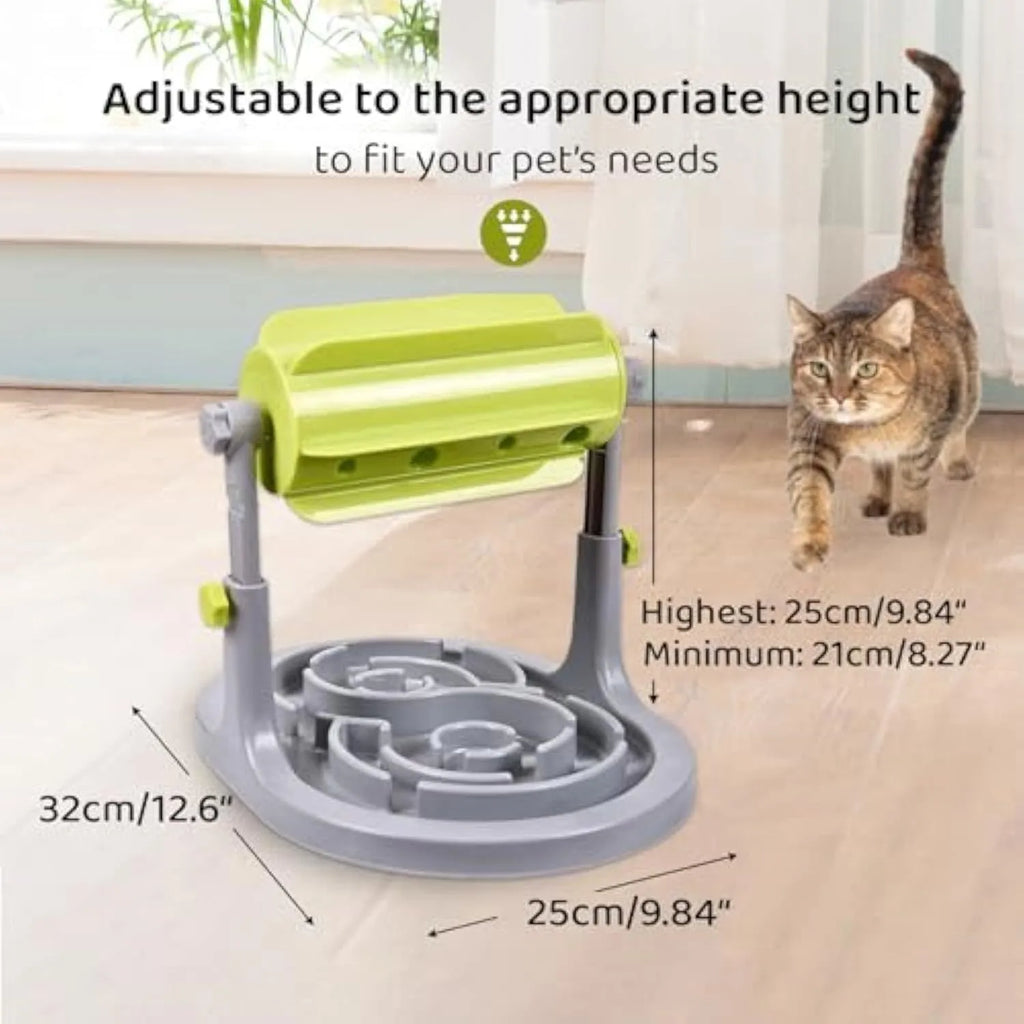 Blue interactive pet slow feeder puzzle bowl with adjustable height and raised patterns