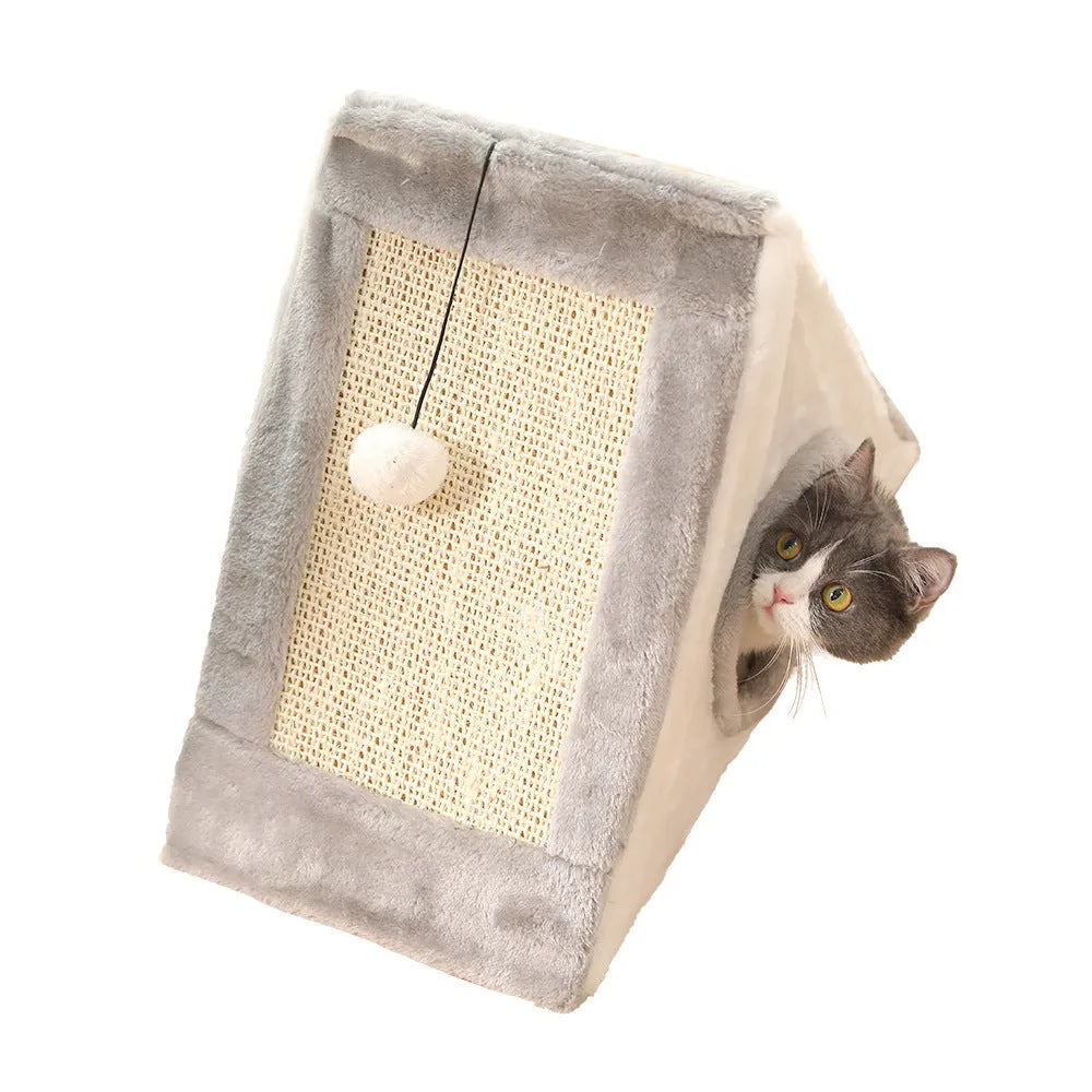 Grey and white triangle cat scratcher bed with sisal scratching surfaces and fur-lined sleeping area