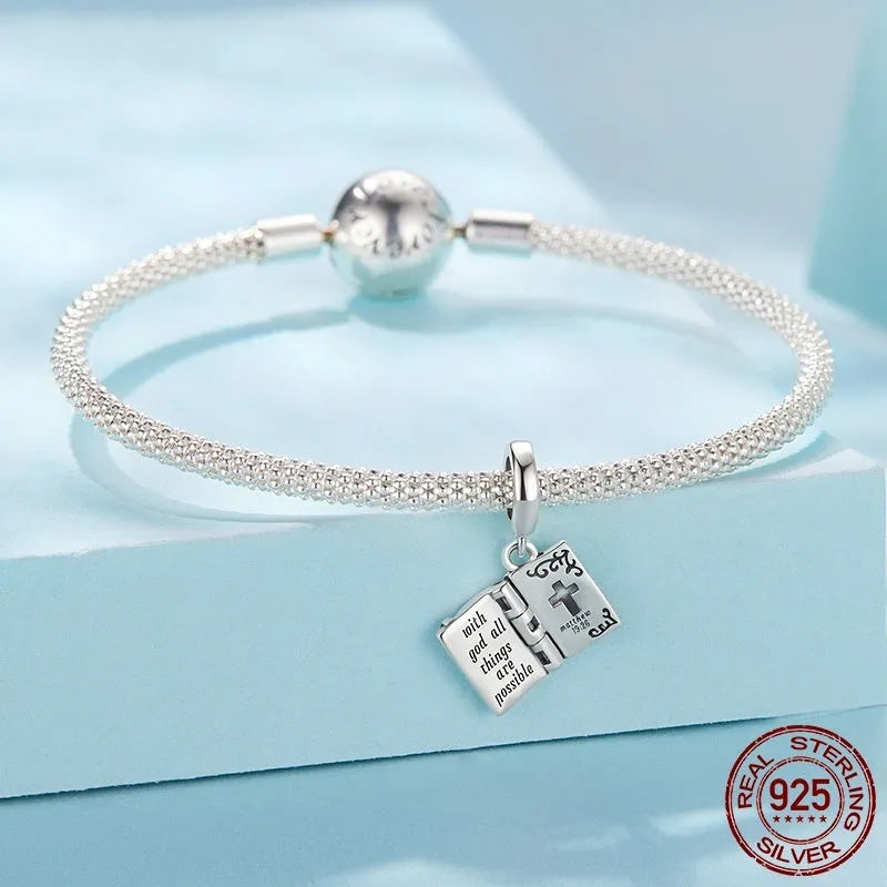 925 sterling silver open and close cross pendant bead with pearlescent finish on white background