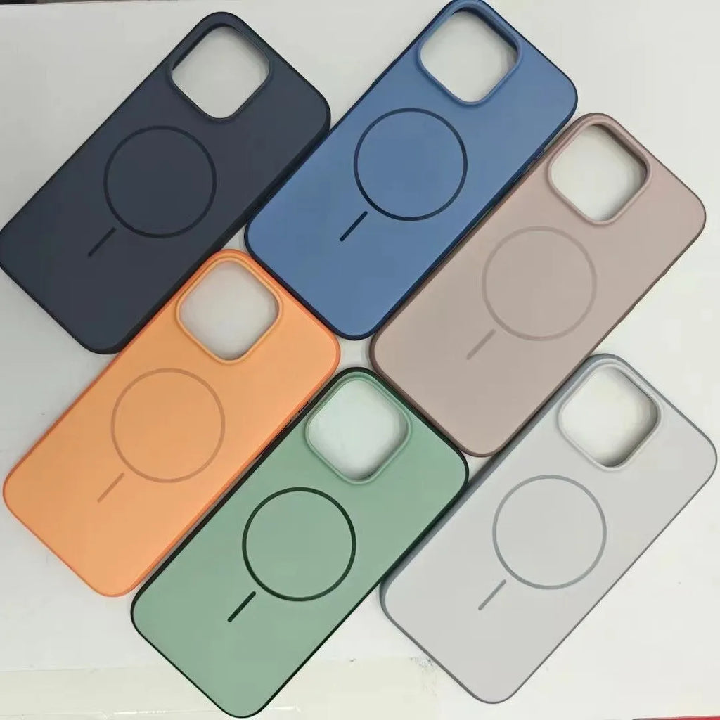 Frosted blue magnetic protective case for iPhone 16 and iPhone 17 models on a table.