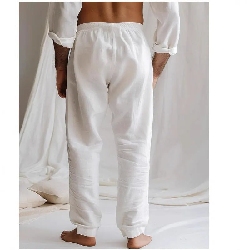 Men's cotton and linen elastic waist trousers in solid colour, loose straight leg summer pants