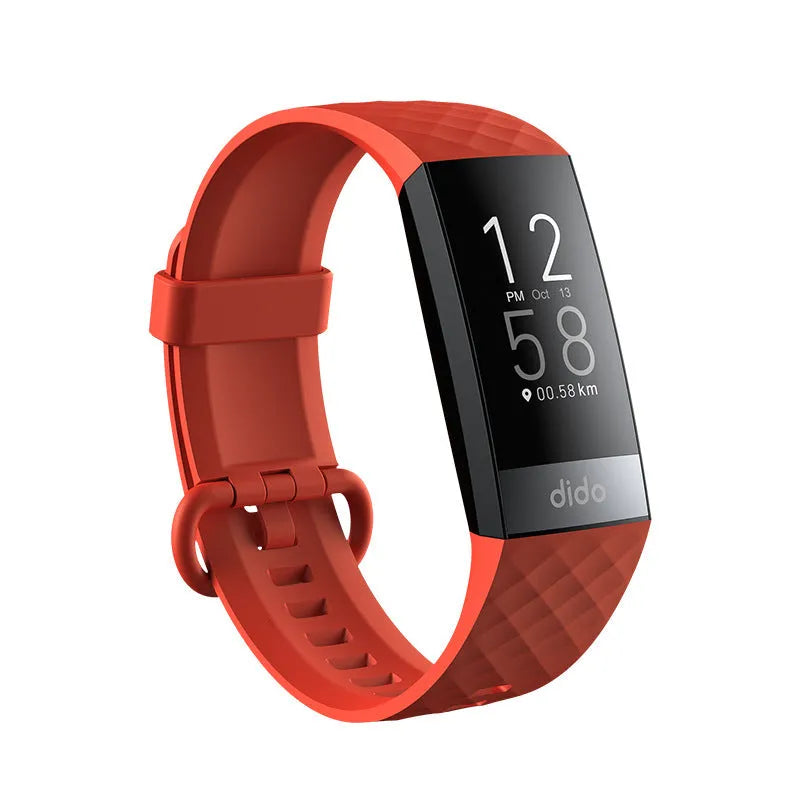 Black smart bracelet with screen showing blood pressure and heart rate data on a wrist.