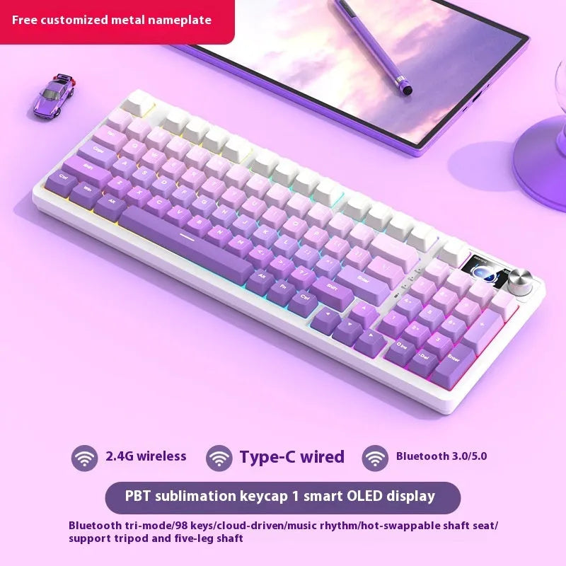 98 key wireless Bluetooth mechanical keyboard with display screen and metal knob