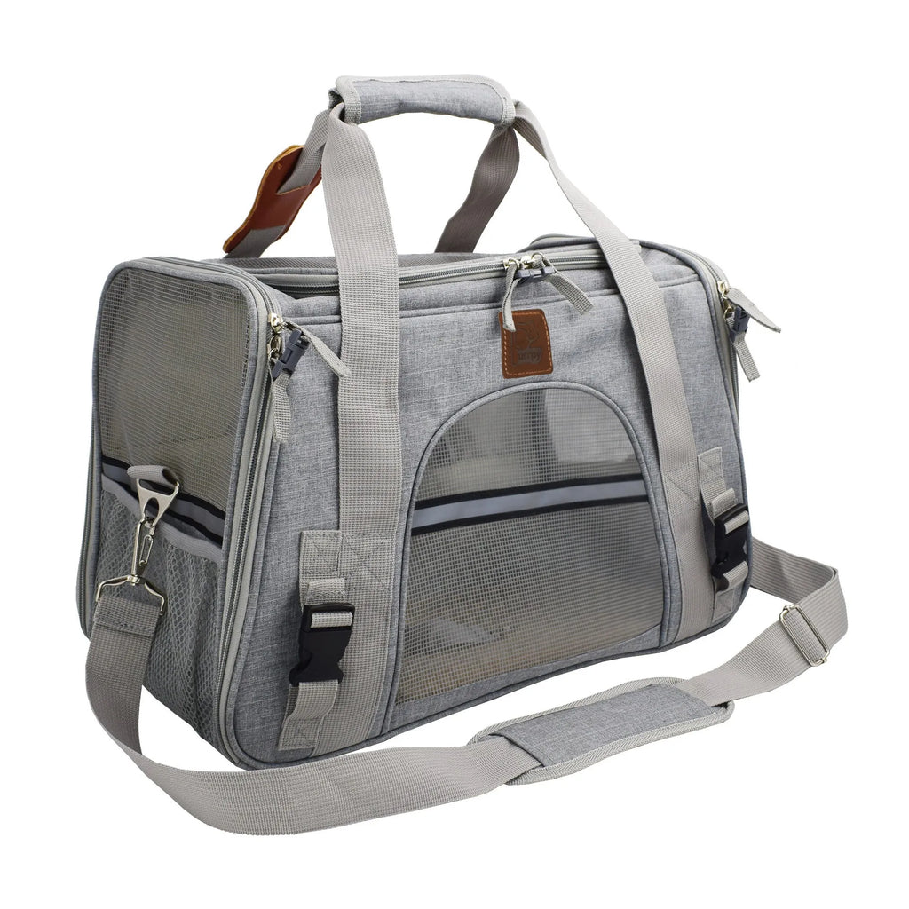 Small dog carrier travel car seat made of Oxford cloth in dark grey colour on a car seat