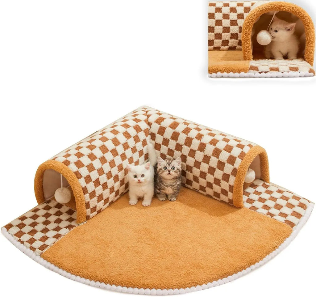 Plush plaid cat tunnel bed with central mat for indoor cats, brown colour, non-slip bottom