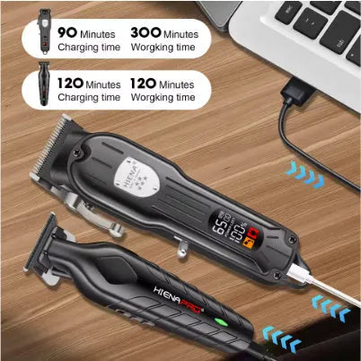 Professional hair clipper set with LCD display and adjustable cutting length in black