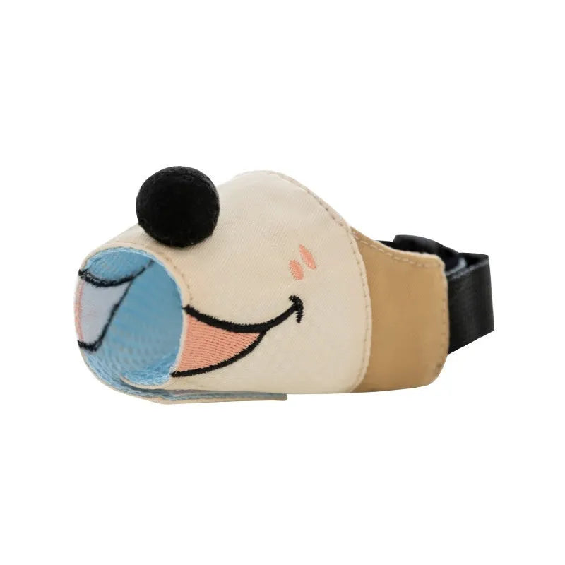 Canvas dog muzzle mouth cover in Ollie Brown Bear and Bondi Blue Shark colours, shown in sizes S, M, L, and XL.