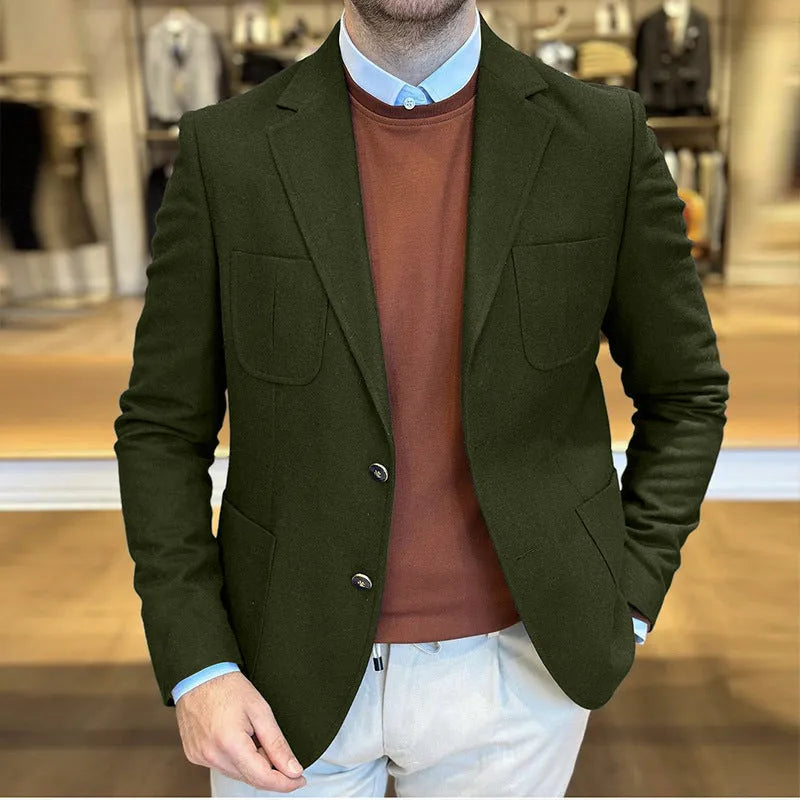 Men's loose-fitting cotton casual suit jacket in a solid colour on a hanger