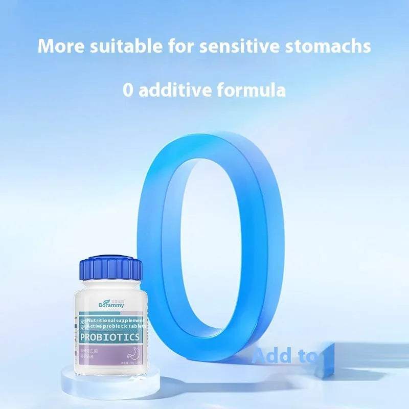 Bottle of pet probiotic tablets containing 180 tablets for animal digestive health support