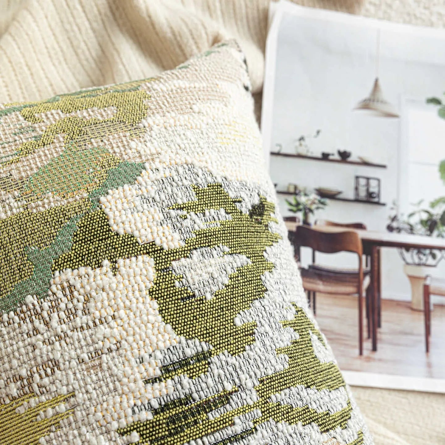 Antique green abstract floral pillow with French style botanical pattern on wool blend fabric