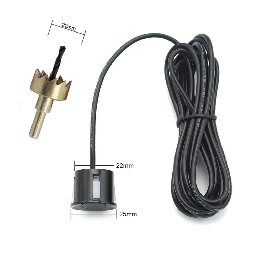Wireless vehicle reversing sensor kit with LED display unit, four colour probes, power cable, and installation tools.