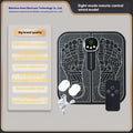 A rechargeable reflexology foot massager mat with remote control and USB charging cable.