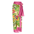 Retro pink floral print women's one-piece swimsuit with V-neck and attached thin skirt.
