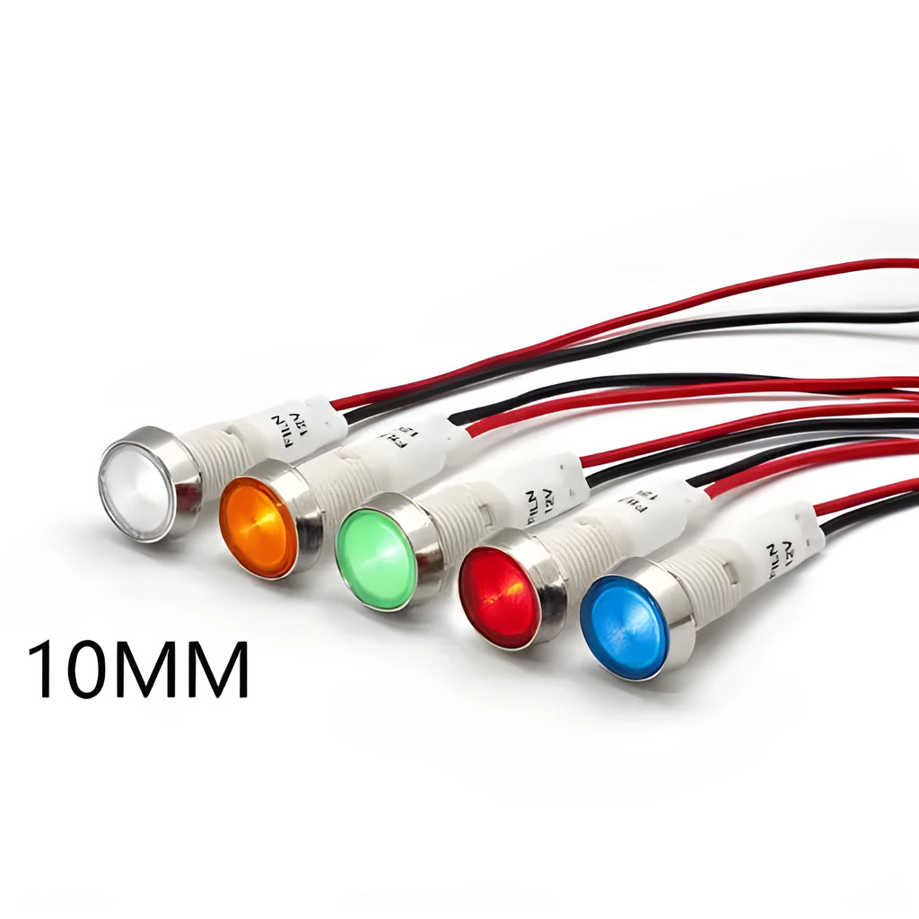 10mm diameter metal indicator light with stainless steel edge, shown in multiple colours.