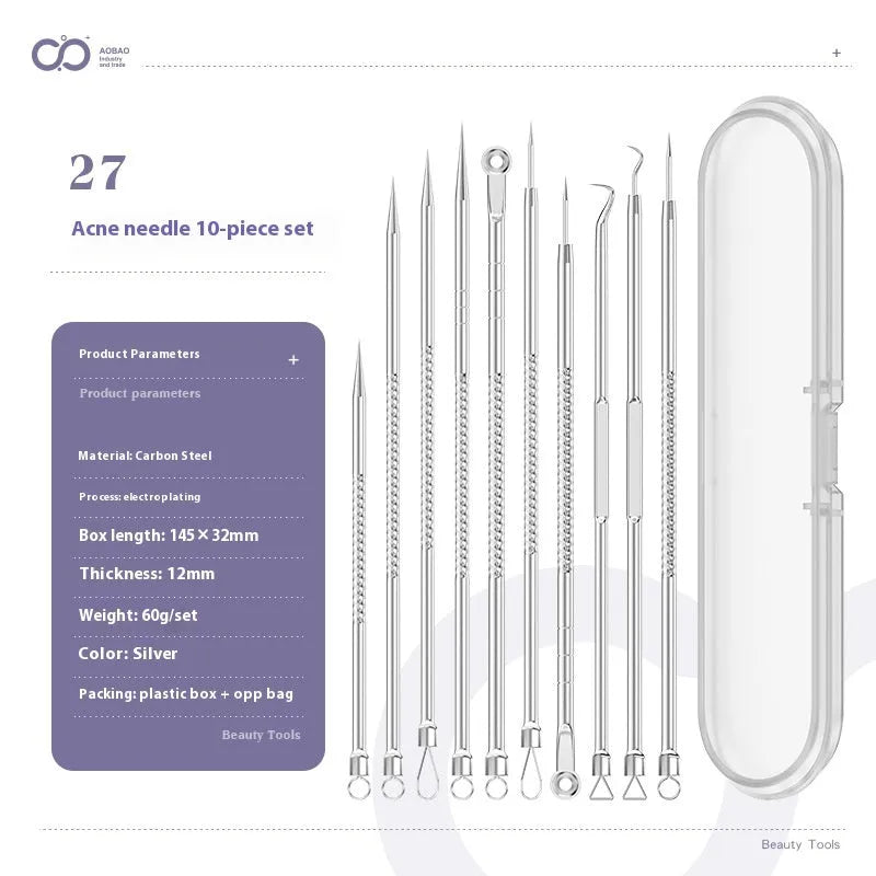 Four-piece stainless steel acne needle set with ultra-fine pointed tips and extraction clip on silver background