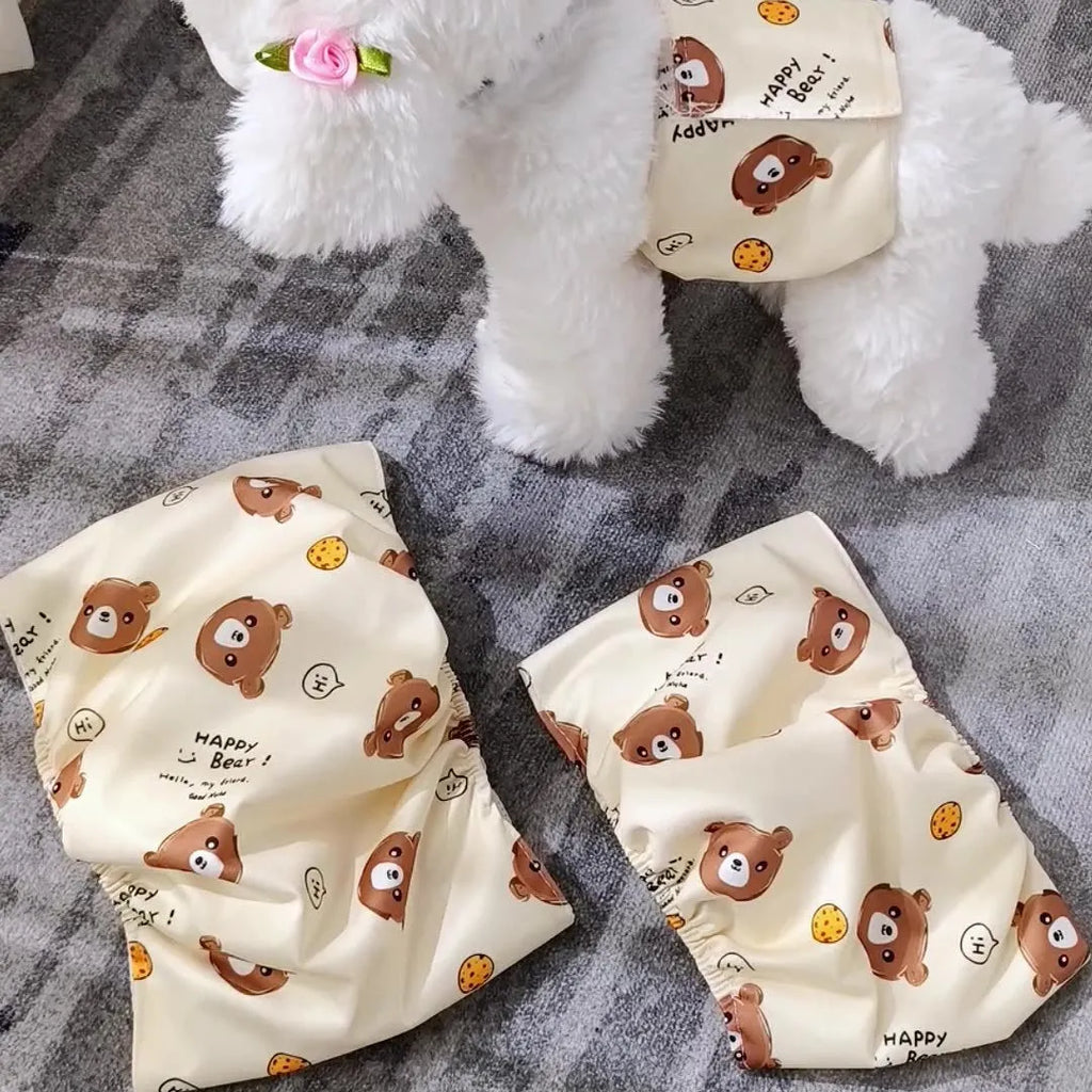 Blue Bear pattern reusable polyester dog diaper with fastener tape and elastic waistband for leakproof protection