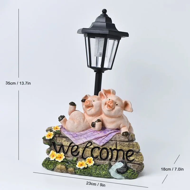 Decorative hexagonal solar garden lamp with animal sculpture design on patio.
