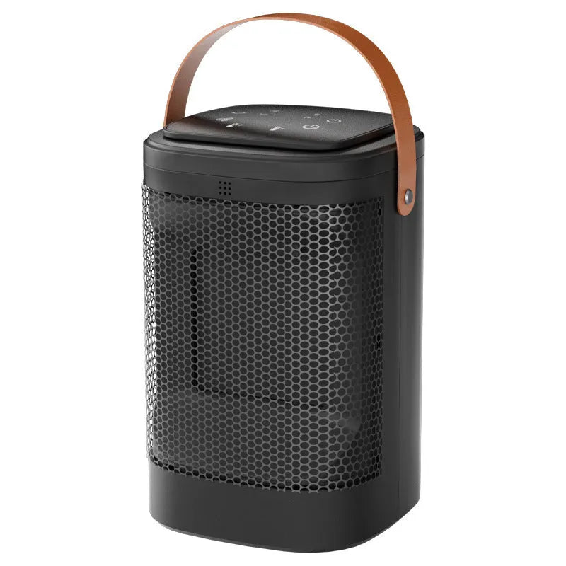 Tall black digital electric radiator heater with touch screen display and remote control on a wooden floor.
