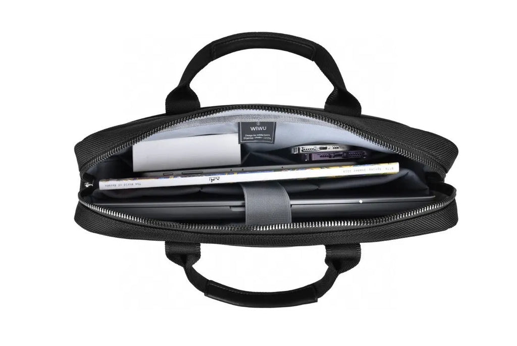 Black Oxford cloth laptop backpack showing multiple organisation pockets and a separate padded computer compartment.